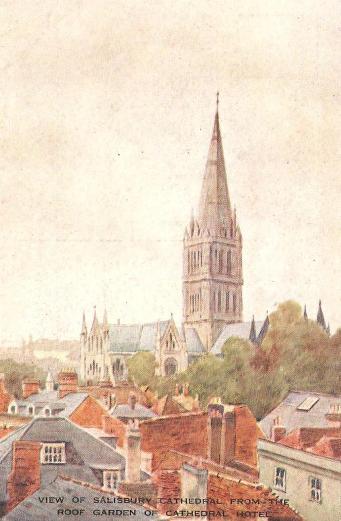 Salisbury Cathedral from roof garden of Cathedral Hotel