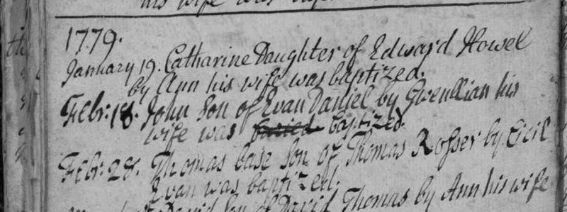 Thomas Rosser baptism record 1779